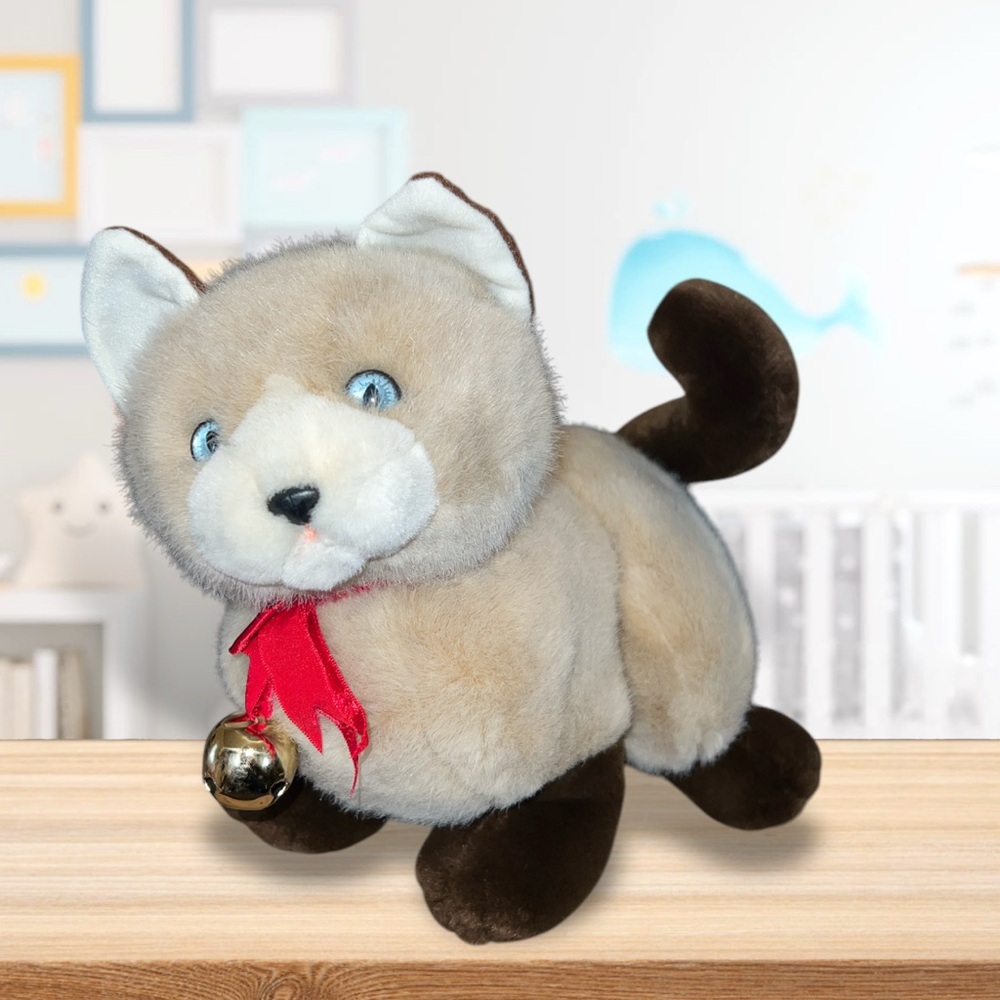 Vtg PLAYFUL PALS Siamese Kitty Cat Red Ribbon Bell Mervyns Korea 12"